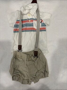 Kids White Polo & Tan Shorts Matching Set with Beige Suspenders